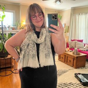 Anthropologie Echo feminine white scarf with black floral detail